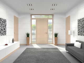 fictitious 3D rendering of a modern lobby interior with wooden front door