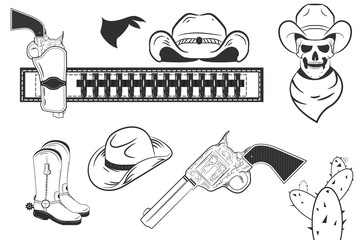 weapons, clothes, revolver, hat, cactus, elements of the wild West. Rodeo.