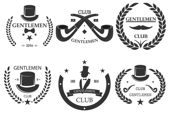 Set of vintage gentleman emblems, labels, badges and designed elements. Monochrome style