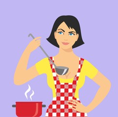 illustration of woman in an apron cook with a ladle in his hand