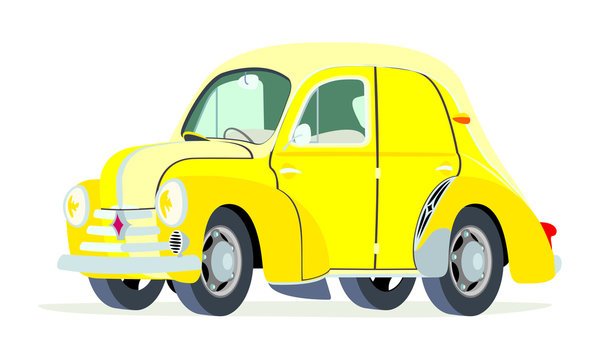 Caricatura Renault 4CV Commerciale amarillo vista frontal y lateral