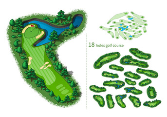 Golf course map 18 holes layout. Top view of vector map color illustration