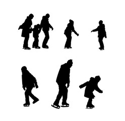 Set of silhouettes of children and adults skating.