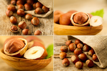 hazelnuts scattered out of the bag on old wooden background. Healthy vegetarian food. Collage