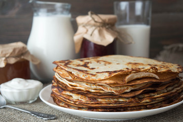 crepes and milk, jam, sour  cream