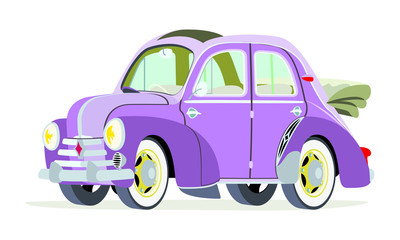 Caricatura Renault 4CV Cabriolet abierto Violeta vista frontal y lateral