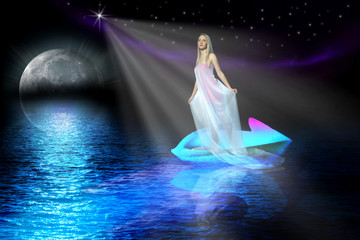Piękna blondynka na łodzi przy księżycu, abstrakcja.