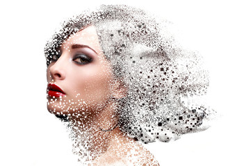 Fashion portrait of makeup woman face with pixeled dispersion ef