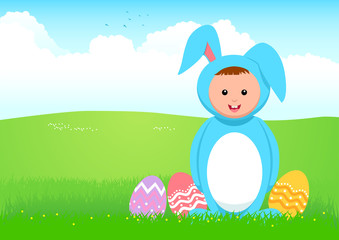 Cartoon illustration of a kid in rabbit costume