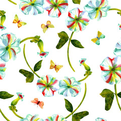 Seamless background pattern with watercolor hollyhocks and butterflies