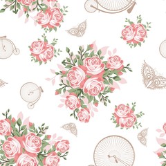 Red Flowers, Butterflies and Bicycles Seamless Pattern - 103275430