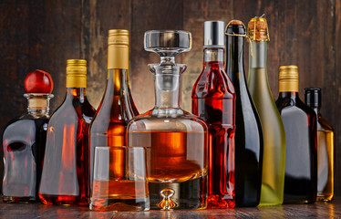 Fototapeta Bottles of assorted alcoholic beverages obraz