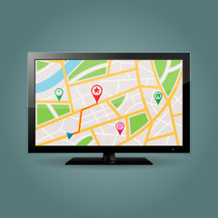 GPS map on TV screen, vector illustration