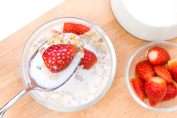 Breakfast, eating cereal, pick up spoon, scoop cereal with straw