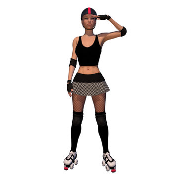 Roller Derby Girl Salute With White Isolated Background