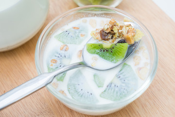 Breakfast, eating cereal, pick up spoon, scoop cereal with fresh