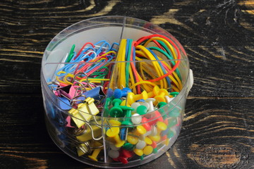 office supplies in a plastic box