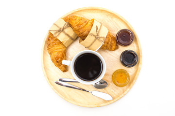Breakfast, Breakfast set, tray of coffee, croissant, jams.