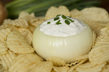 Onion filled with onion dip & potato chips