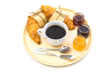 Breakfast, Breakfast set, tray of coffee, croissant, jams.