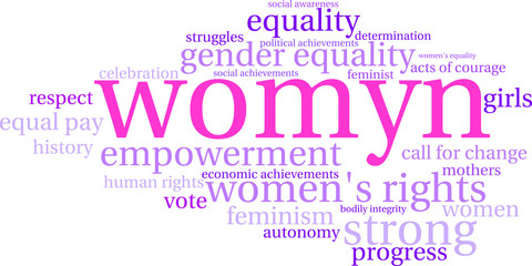 Womyn word cloud on a white background. Nonstandard spelling of the word women adopted by some feminists.
