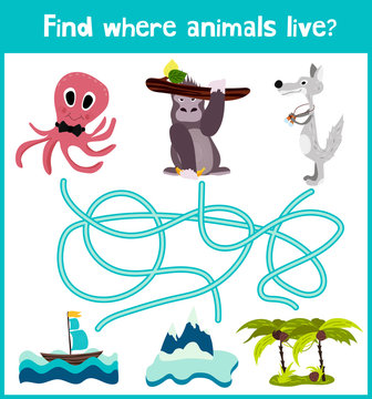Fun and colorful puzzle game for children's development find where live octopus, gorilla and polar wolf. Training mazes for preschoolers. Vector