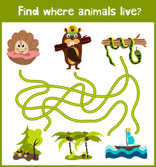 Bright cartoon educational puzzle game for children of preschool and school ages. Where to find what animals live seashell, beaver forest and tropical snake Anaconda. Vector