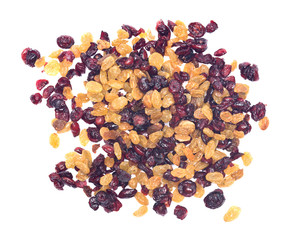 Dried cranberries and raisins on white background