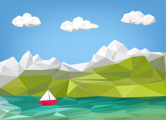landscape illustration - mountain, lake and sailing boat low poly