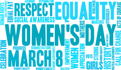 Women's Day word cloud on a white background. 