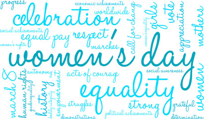 Women's Day Word Cloud on a white background. 