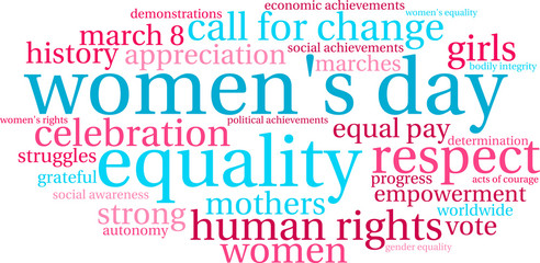 Women's Day word cloud on a white background. 