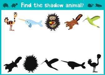 Mirror Image five different cute tropical animals Visual Game. Task find the right answer black shadow animals. Vector