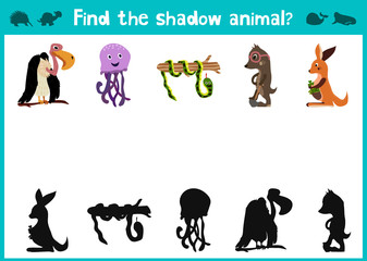 Mirror Image five different cute animals Game Visual. Task find the right answer black shadow animals. Vector