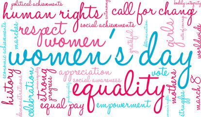 Women's Day word cloud on a white background. 