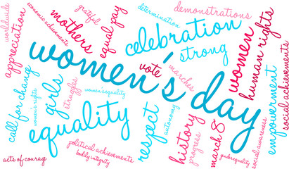 Women's Day word cloud on a white background. 