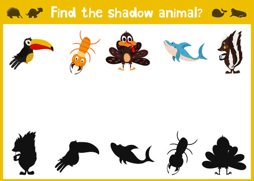 Cartoon Vector Illustration of Education Shadow Matching Game for Preschool Children need to find the shadow for each animal. . Vector