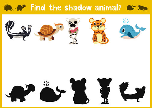 Mirror Image five different cute jungle animals Game Visual. Task find the right answer black shadow animals. Vector