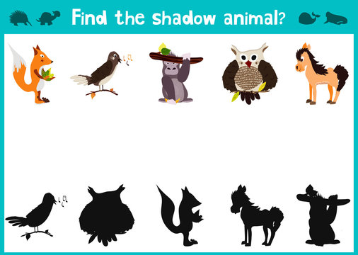 Mirror Image five different cute forest animals Visual Game. Task find the right answer black shadow animals. Vector