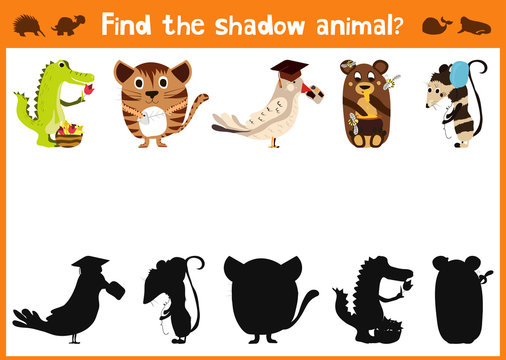 Mirror Image five different cute animals and a good Visual Game. Task find the right shadow image answer mirror. Vector