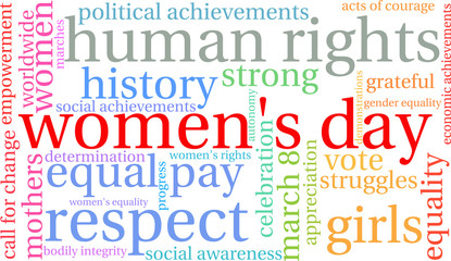 Women's Day word cloud on a white background. 