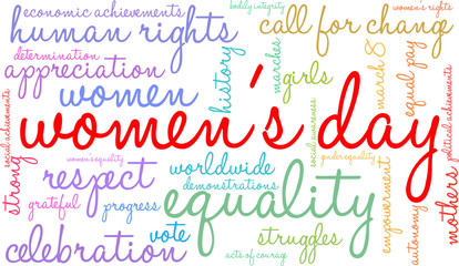 Women's Day word cloud on a white background. 