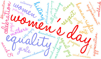 Women's Day word cloud on a white background. 