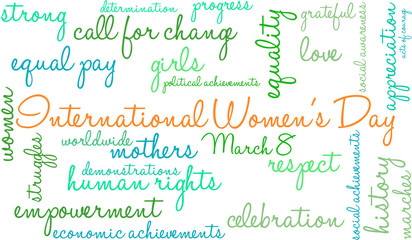 International Women's Day word cloud on a white background. 