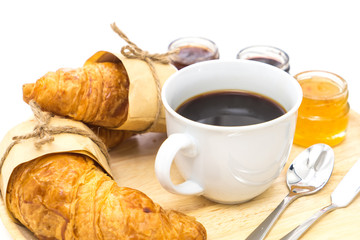 Breakfast, Breakfast set, tray of coffee, croissant, jams.