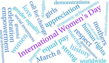 International Women's Day word cloud on a white background. 