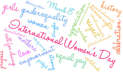 International Women's Day word cloud on a white background.