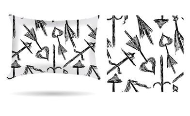 Decorative pillow with hand drawn arrows pillowcase in a creative style on a white background. Isolated on white. Interior design element. Vector