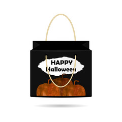 Black insulated Paper Shopping Bags collection for holiday Halloween with pumpkins watercolor on a white background. The design of the bag. Vector