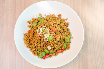 Fried spices mince pork with bitter bean (Parkia speciosa )